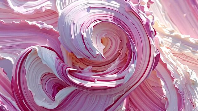 Pink, magenta, and white paint colors blending and swirling together in a mesmerizing, thick, and creamy texture. An abstract background of fluid art with vibrant, moving brushstrokes