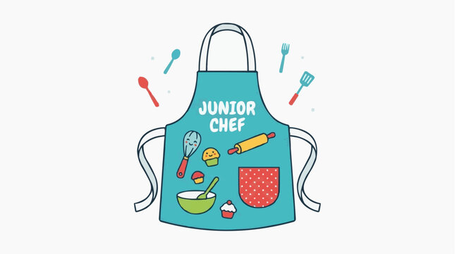 A vibrantly illustrated 'Junior Chef' apron, adorning with a plethora of cooking tools, symbolizing culinary delight. perfect for young aspiring chefs.