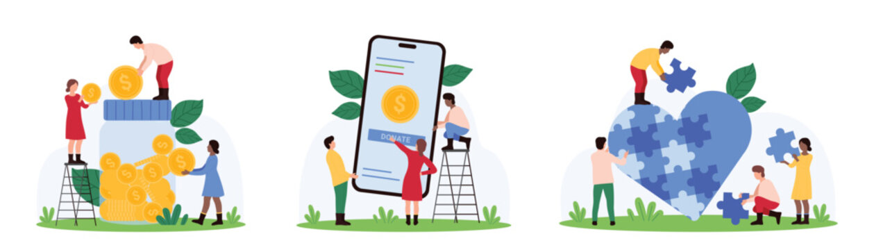 Charity, generosity and support of community, philanthropy set. Tiny people collect gold coins into glass jar, donate money with mobile app, make heart out of puzzle pieces cartoon vector illustration