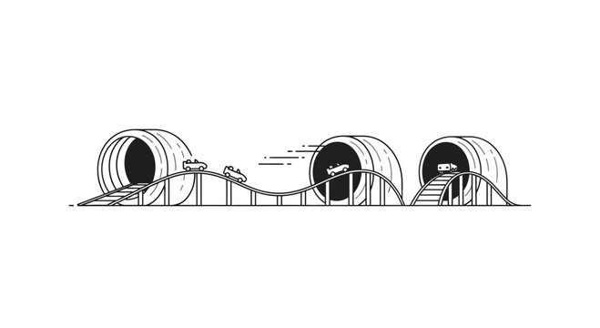 Roller coaster ride through tunnels, thrilling amusement park attraction, vector illustration