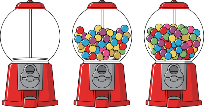 Gumball Machine Icon Set with Empty and Full Candy Dispensers in Red Colorful Design for Retro Arcade and Sweet Treats Illustration