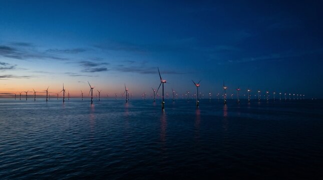 Offshore Wind Farm in Deep Blue Ocean at Evening Blue Hour