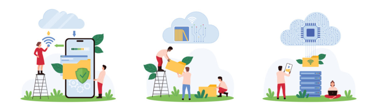 Cloud library service, data upload and management set. Tiny people download files, backup and folders to shelf, protect access security with shield, connect to server cartoon vector illustration