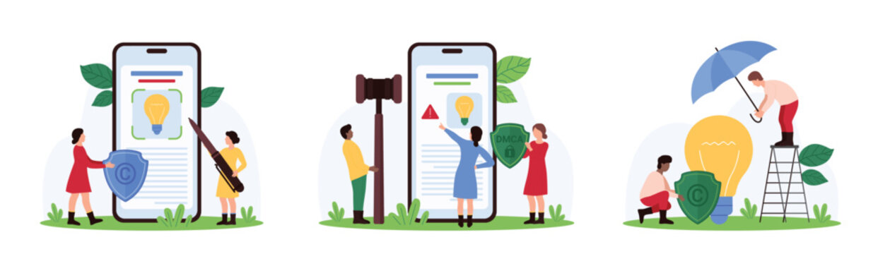 Copyright, protection of intellectual property rights set. Tiny people holding gavel, umbrella and DMCA shield to protect creative idea and light bulb on smartphone screen cartoon vector illustration