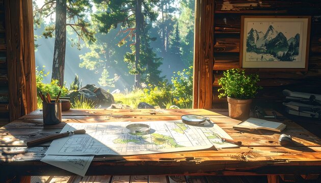 Rustic cabin interior with map and magnifying glass on wooden table overlooking sunny woodland landscape. AI Generative