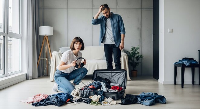 Stressed young couple packing suitcase in messy room for travel trip.