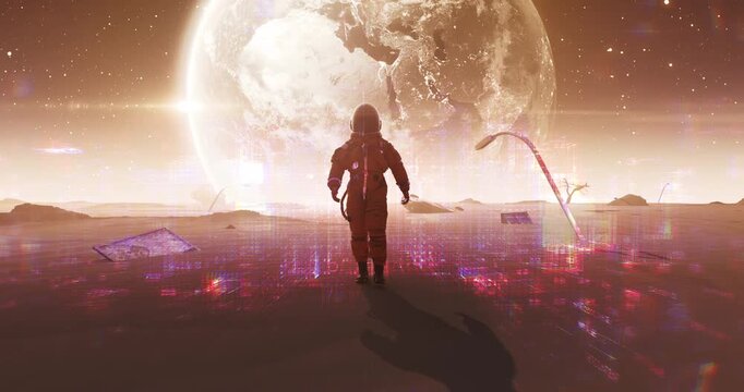 Futuristic space traveler walking in desert with holographic buildings. Futuristic Space Related 3D Animation.