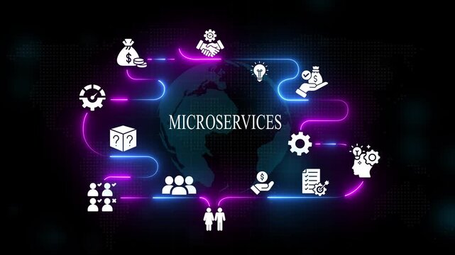 Microservices architecture concept with animated digital and global network connectivity software architecture