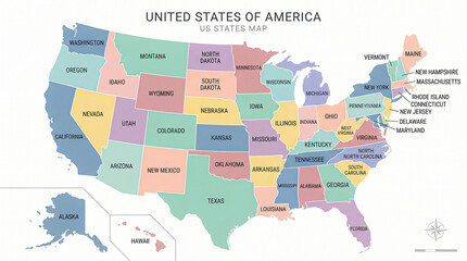 Fototapeta premium Administrative map of united states of america showing state boundaries and major cities for geographic references.