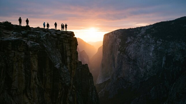 Men standing on cliff edge looking at mountain canyon during sunset. Group of explorers reach summit, achieving success and goal. Adventure, travel, freedom and inspiration concept.