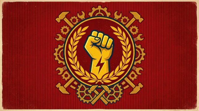 Vintage Style Socialist Emblem with Fist and Industrial Gear