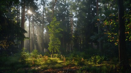 Obraz premium Dense forest pathway with tall pine trees and green undergrowth