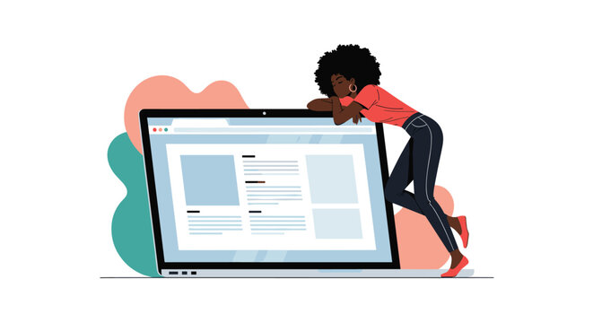 African American woman with an afro hairstyle leans casually against a giant laptop screen showing a web browser.
