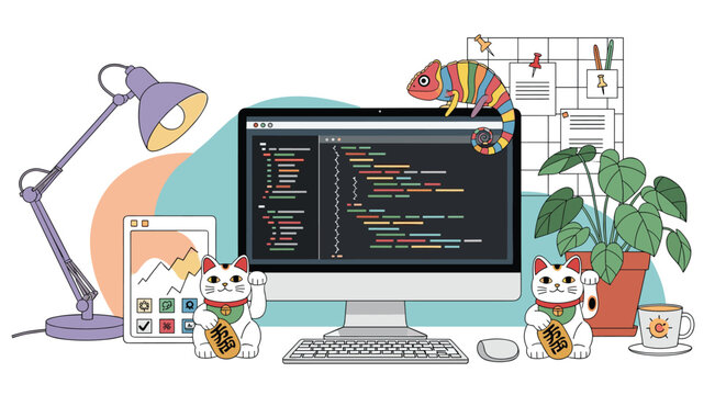 Creative desktop workspace features a monitor with computer code, two lucky cats, a colorful chameleon, and plants.