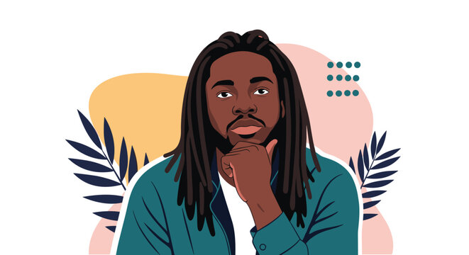 Thoughtful man with long dreadlocks resting his chin on his hand while posing against a colorful abstract background design.