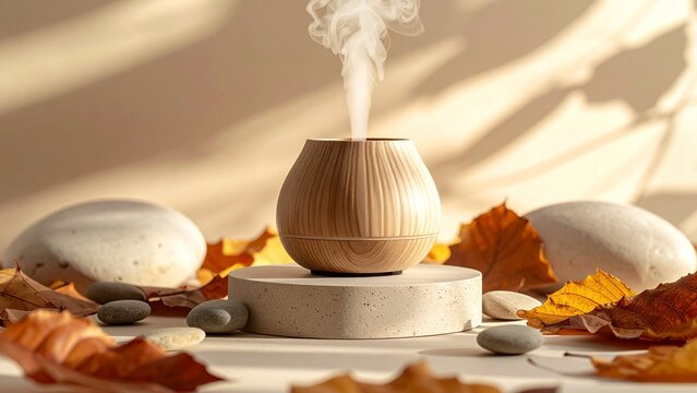 ​Minimalist electric humidifier with wood grain texture in warm autumn setting for wellness product mockup.