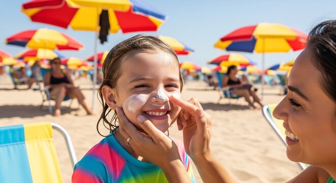 Mother applies sunscreen to smiling girl at a crowded summer beach