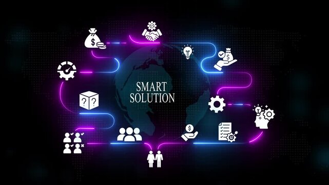 Smart solution global business network infographic with neon digital and earth globe animation business strategy