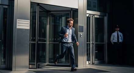 Fototapeta premium Businessman in blue suit running out of office building with coffee