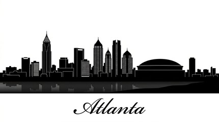 Fototapeta premium Black and white skyline silhouette of Atlanta featuring Bank of America Plaza, Midtown towers, and subtle Georgia dome-inspired structure.