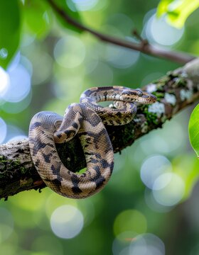 Beautiful snake hanging naturally on branch with green bokeh