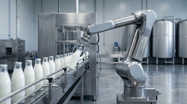Robotic arm packing milk bottles on industrial conveyor belt. Automated production line for dairy manufacturing. Food processing factory with machine for packaging and logistics technology.