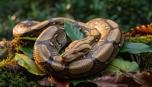 Python snake resting peacefully on forest ground