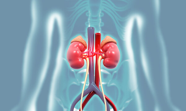 Detailed 3D medical illustration of human kidneys, showing renal structures and adrenal glands for anatomy.