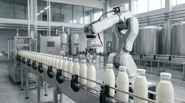 Robotic arm packing milk bottles on industrial conveyor belt. Automated production line for dairy manufacturing. Food processing factory with machine for packaging and logistics technology.