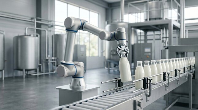 Robotic arm packing milk bottles on industrial conveyor belt. Automated production line for dairy manufacturing. Food processing factory with machine for packaging and logistics technology.