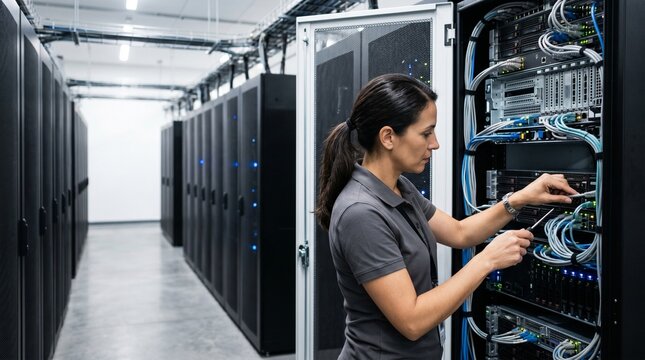 Female IT technician working on network cables in a modern data center server room