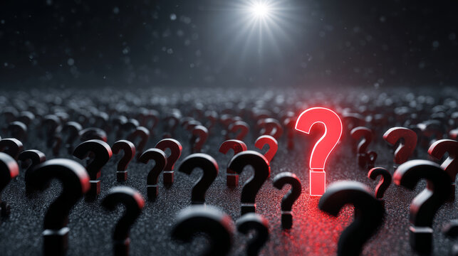 Single red question mark standing out, representing a vital decision, choice, or answer among many dark, unresolved queries