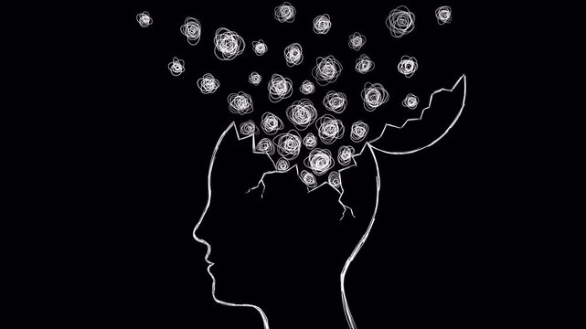 Looped Animation of Human Head Opening with Tangled Thought Clouds on Alpha Channel. Mental overwhelm, brainstorming, psychological distress, and the release of complex thoughts or ideas. 