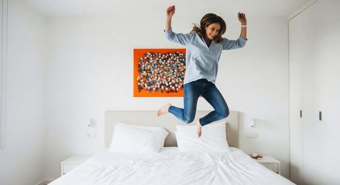 Cheerful young woman jumping for joy on a comfortable white bed.