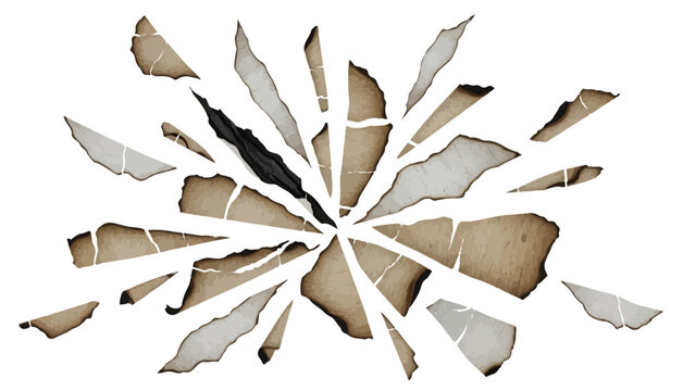 Exploding fragments of burnt vintage paper isolated on white background