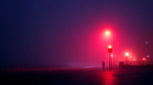 In a mysterious fog, a solitary figure stands still beneath a vibrant red traffic light. The quiet street radiates a soft glow, creating an atmosphere of both calm and tension at twilight