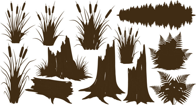 Forest elements silhouettes set including grass logs and tree stumps