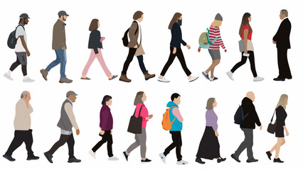Fototapeta premium vector illustration of walking people silhouettes diverse group in casual clothing on white background high quality professional detailed