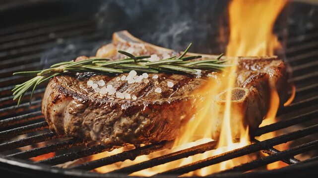 Steak grilling on flaming barbecue perfect for cooking tutorials and recipe showcases