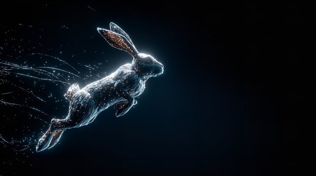 Digital artwork of a illuminated rabbit jumping on a dark background.