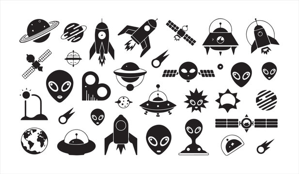 Alien and UFO icons set with space elements and extraterrestrial silhouettes
