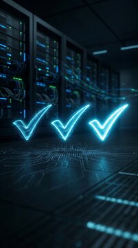 Glowing check mark icons forming an upward curve on a digital circuit board. Business success progress chart and task completion concept. Advanced technology data analytics visualization.