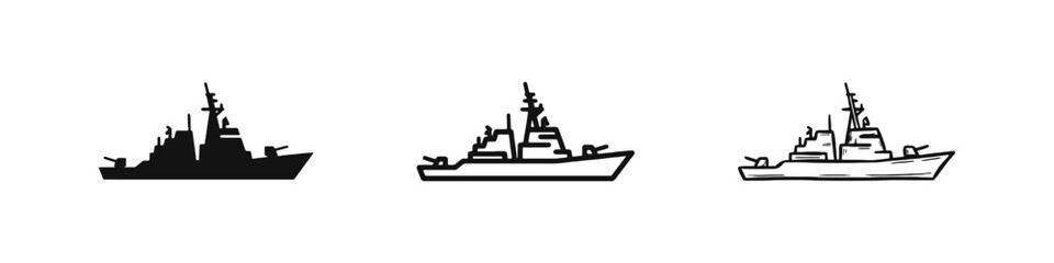 Military warship and navy destroyer icons, maritime defense and naval vessel symbols © drawing lines