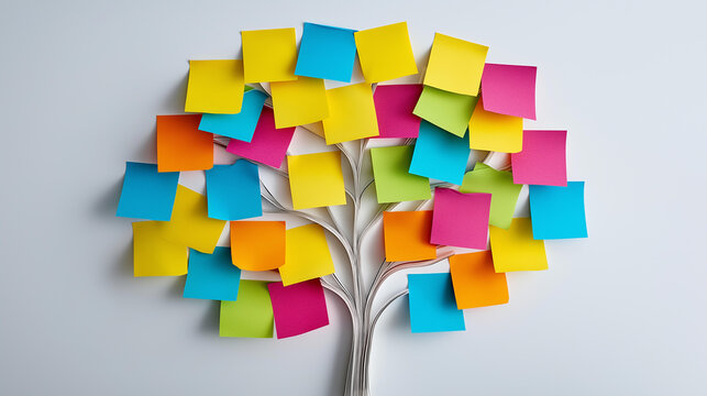 Overhead flat lay of sticky notes arranged in a mind map formation on a white surface, startup idea mapping concept, entrepreneurship brainstorming, creative planning tool, with copy space