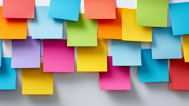 Overhead flat lay of sticky notes arranged in a mind map formation on a white surface, startup idea mapping concept, entrepreneurship brainstorming, creative planning tool, with copy space