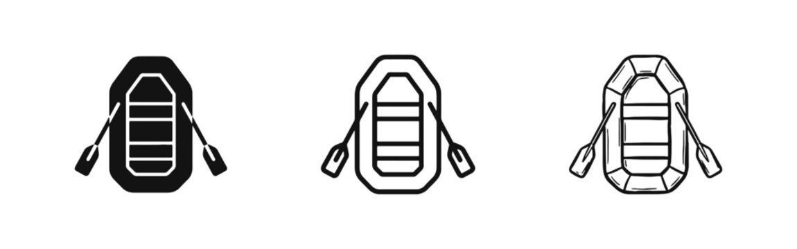 Inflatable raft with oars icons, water rescue and adventure boat symbols