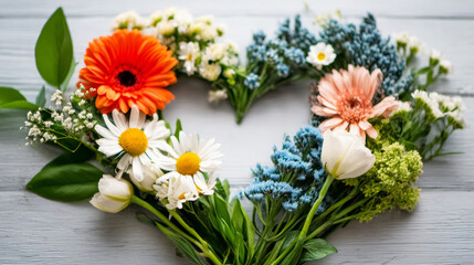 Naklejka premium Colorful spring flowers forming a heart shape, representing love, celebration, and romantic gestures on a wooden background