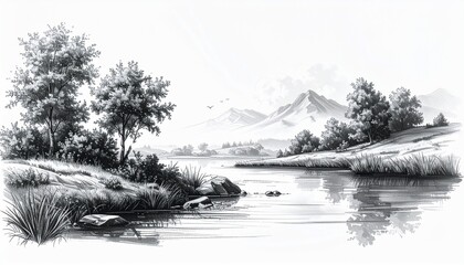 Fototapeta premium Detailed pencil art of a tranquil river landscape, reflections in water, trees and rocks, soft shading, white background, 8k