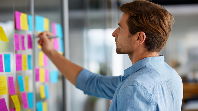 Rear view of a startup manager pointing at a kanban board during a team standup meeting, agile methodology concept, daily scrum meeting, project progress review, defocused background, with