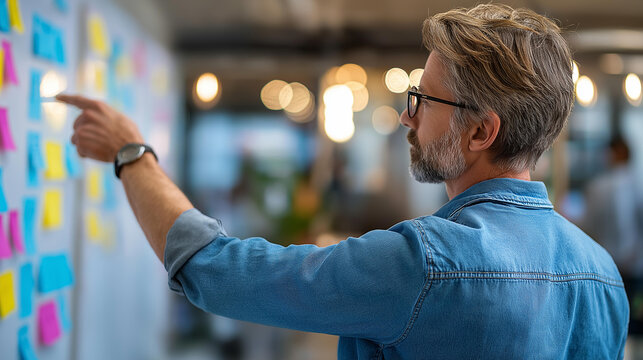 Rear view of a startup manager pointing at a kanban board during a team standup meeting, agile methodology concept, daily scrum meeting, project progress review, defocused background, with